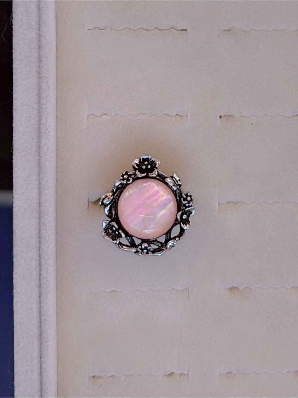 Pink Opalite Floral Silver Ring | Adjustable